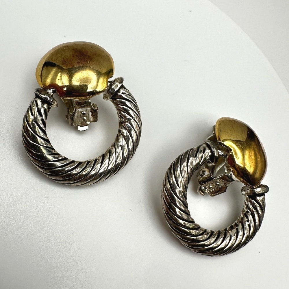 Vintage 90s Silver Gold Tone Ribbed Twisted Door Knocker Earrings Jewelry